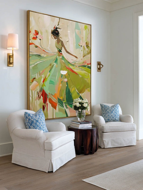 Vibrant Impasto Ballerina in Green Dress Painting