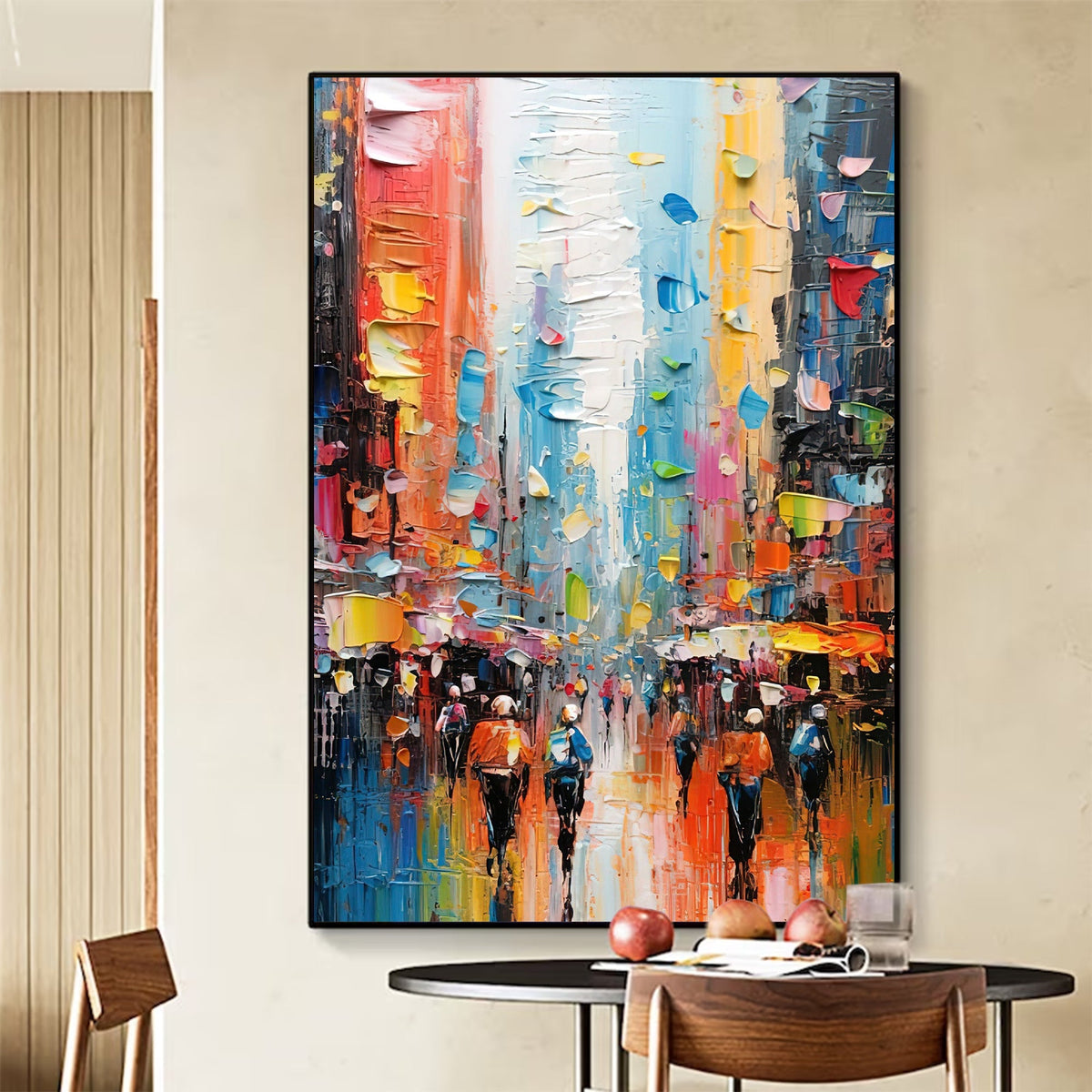 Impasto Cityscape Painting Vibrant Rainbow