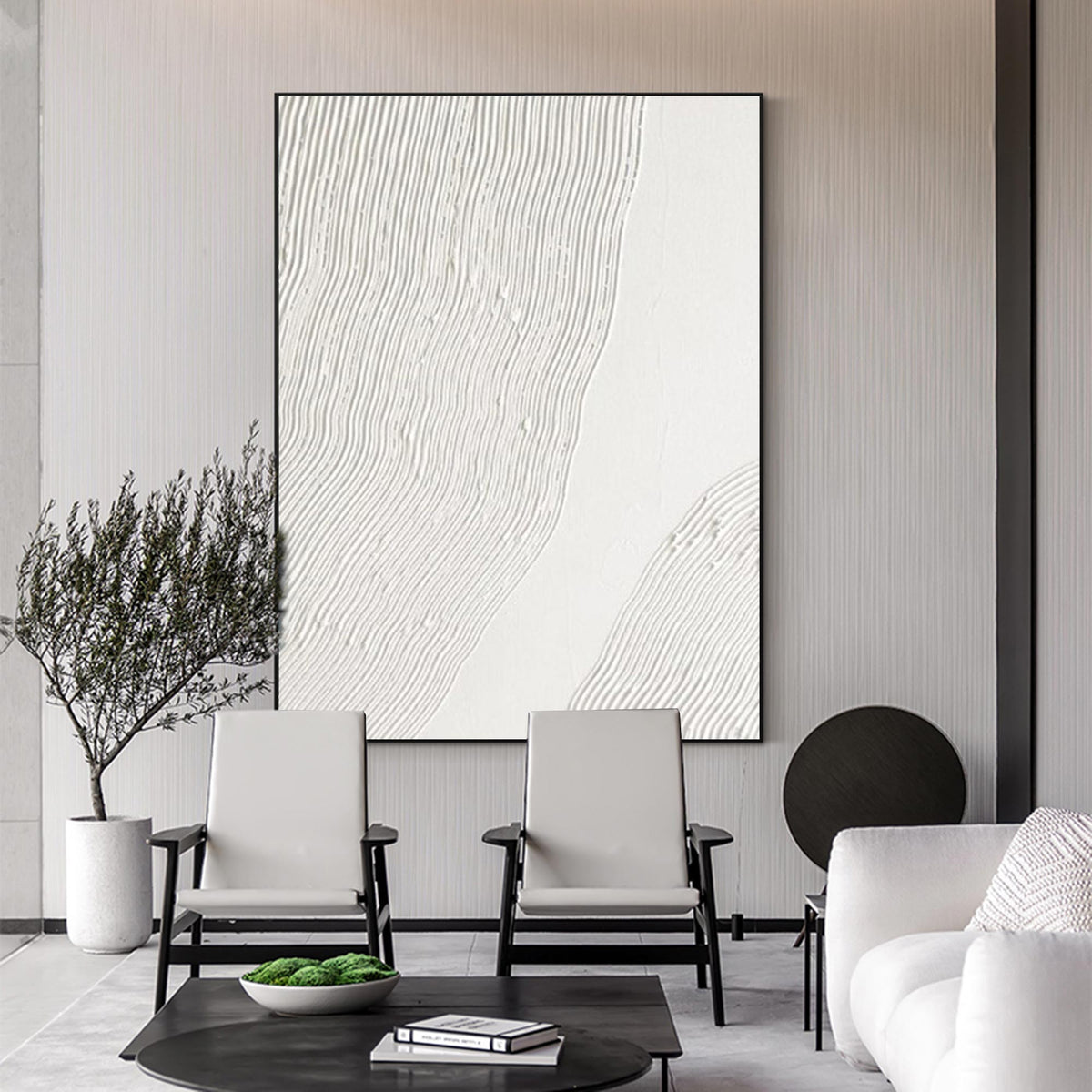 Off‑White Vertical Wavy‑Line Relief‑Textured Framed Artwork