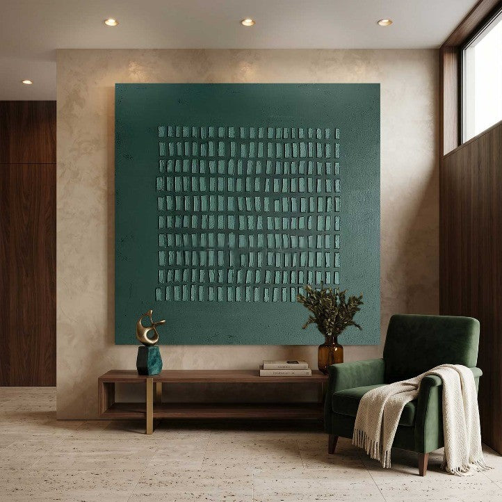 Wabi-Sabi Wall Art Dark Green Textured Grid Abstract Painting