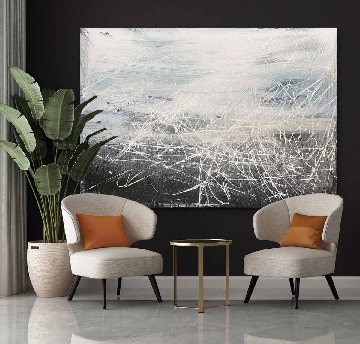 Textured Monochrome Strokes Oil Painting Framed Sleek