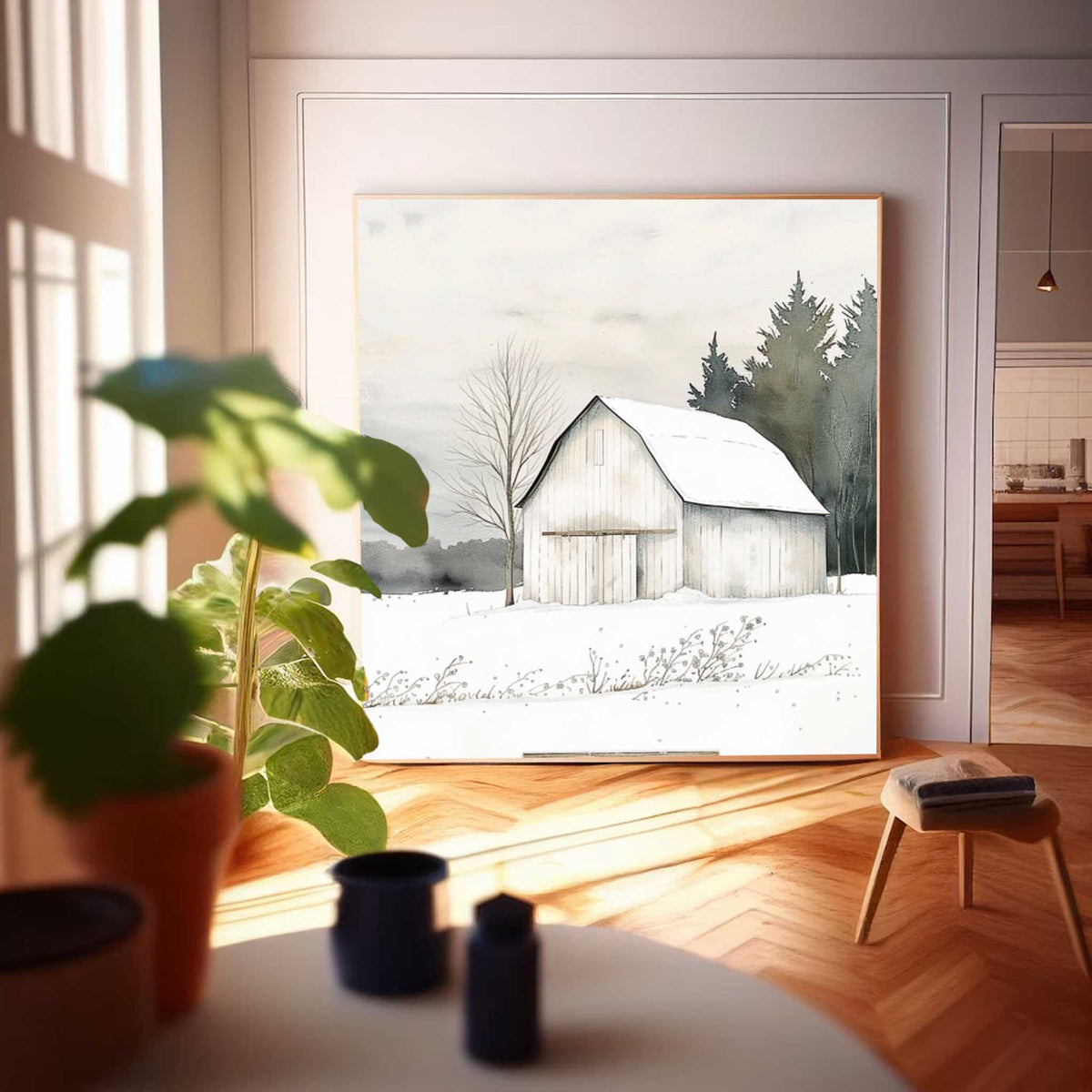 Rustic Winter Barn Watercolor Painting