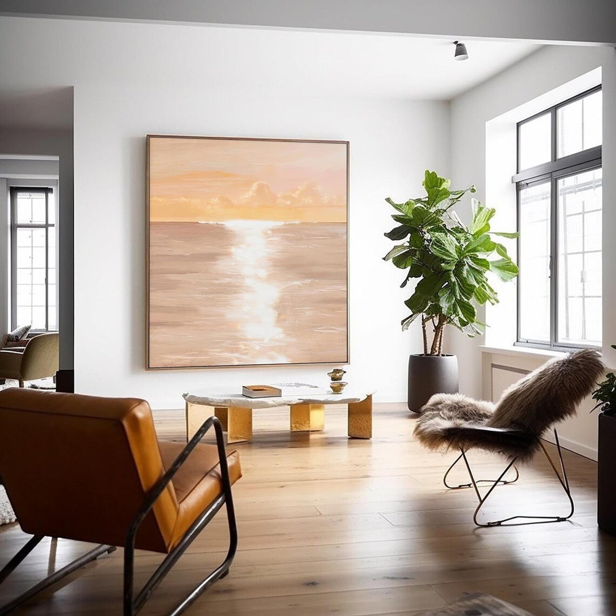 Serene Coastal Sunset Oil Painting Soft Peach