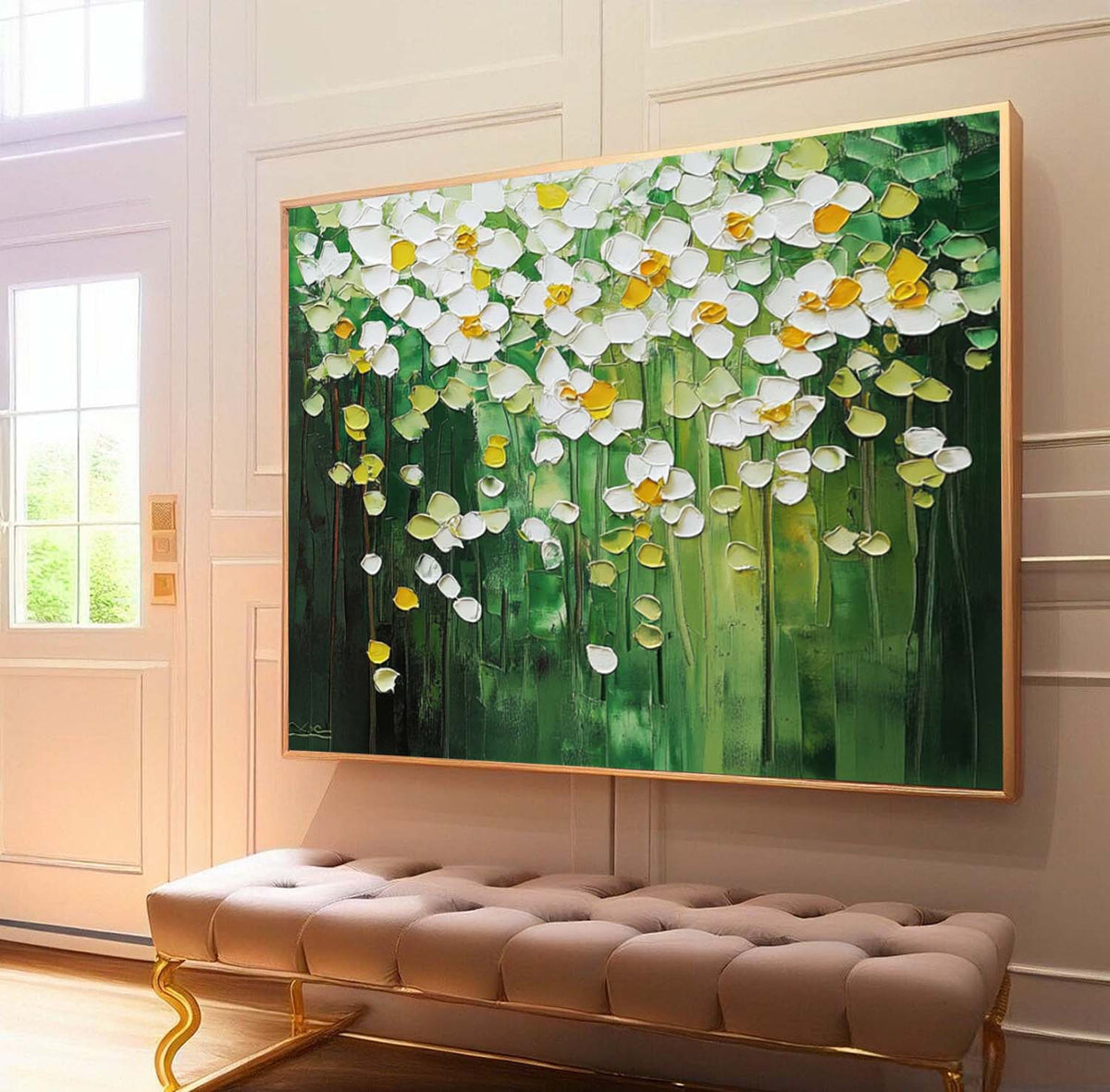 Lush Floral Canopy Oil Painting White Flowers Green