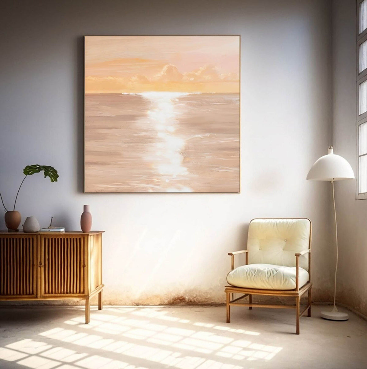 Serene Coastal Sunset Oil Painting Soft Peach