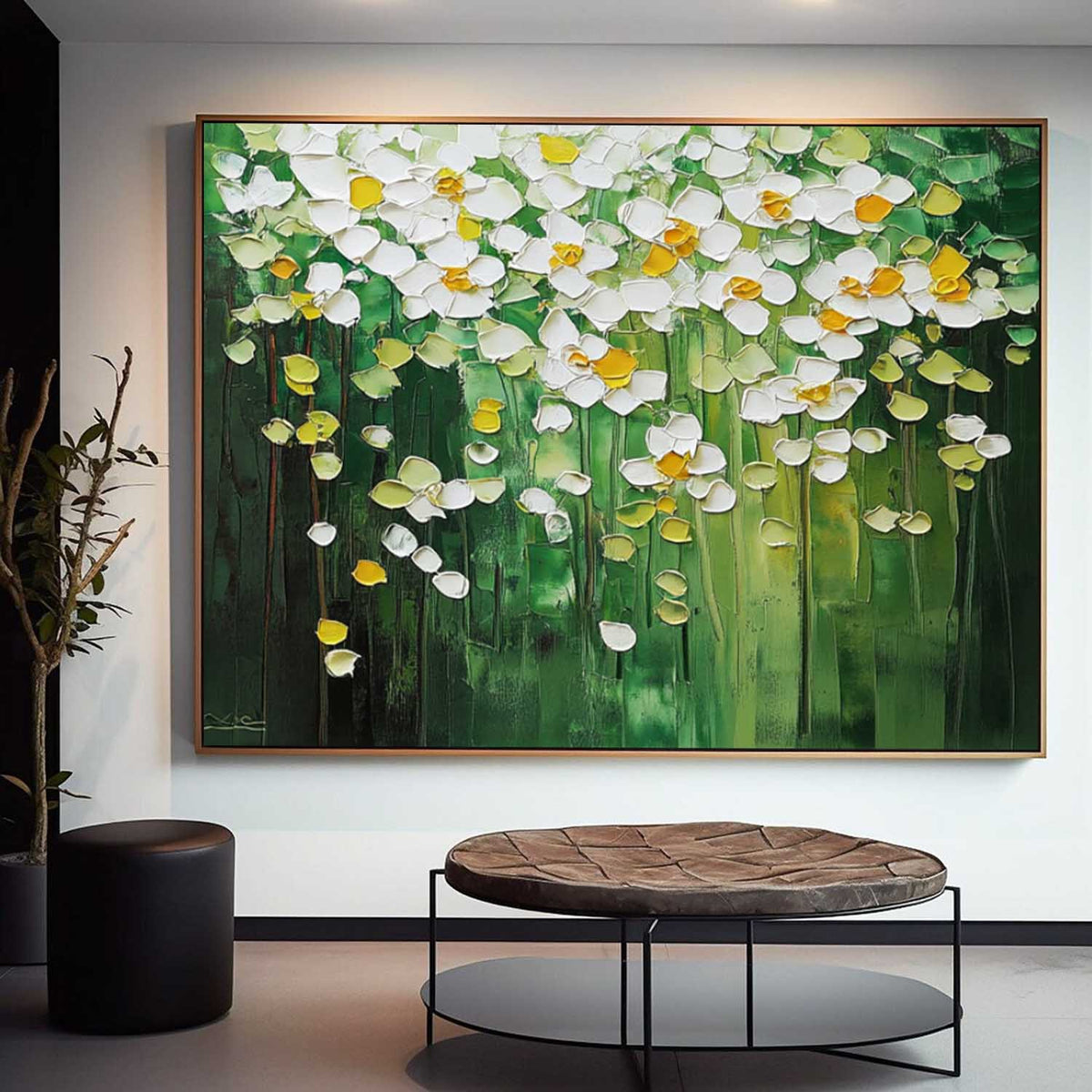 Lush Floral Canopy Oil Painting White Flowers Green
