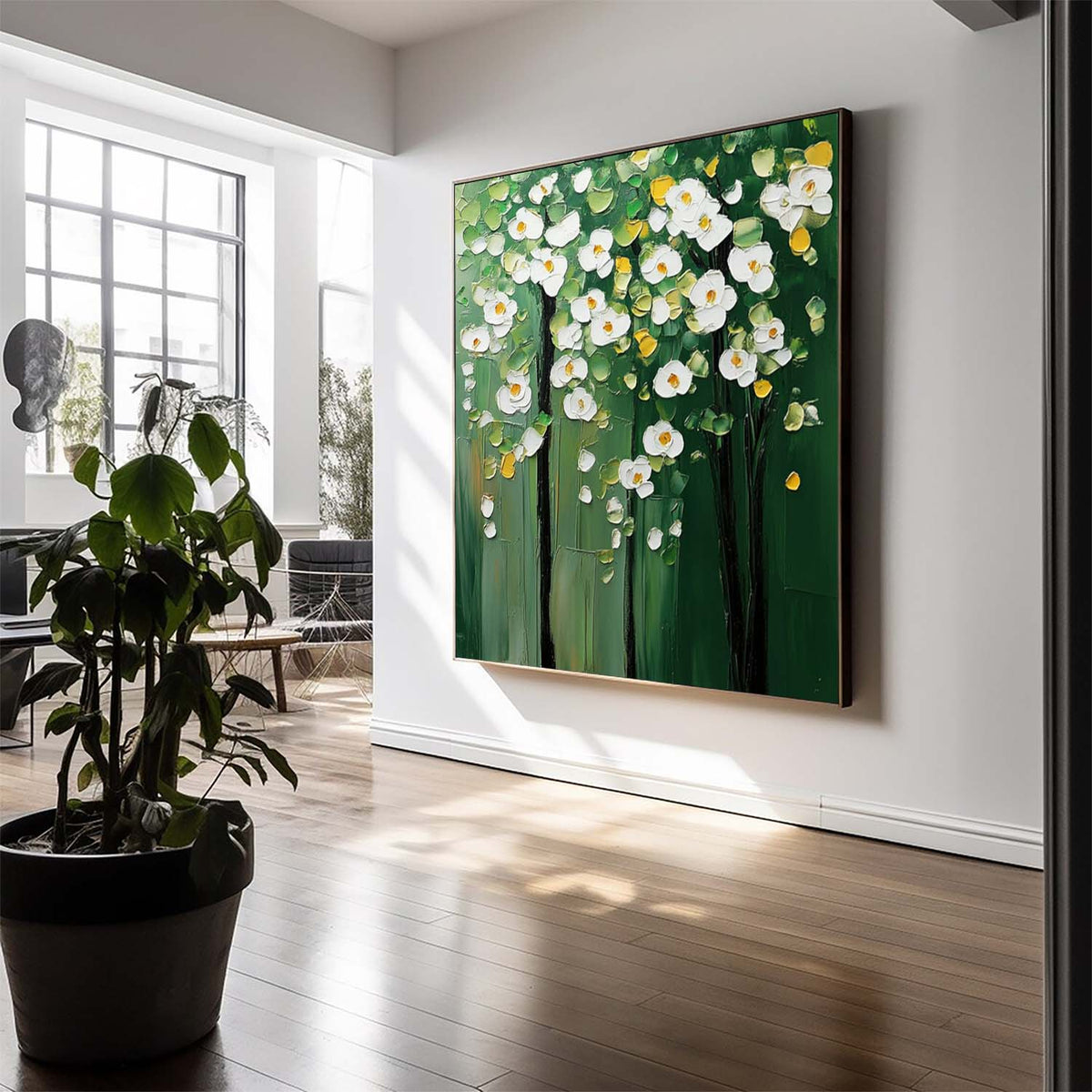 Textured Floral Tree Oil Painting White Flowers Green