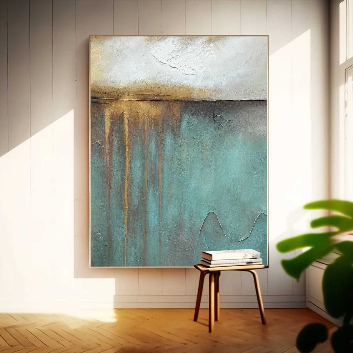 Wabi-Sabi Textured Abstract Painting Teal & Gold