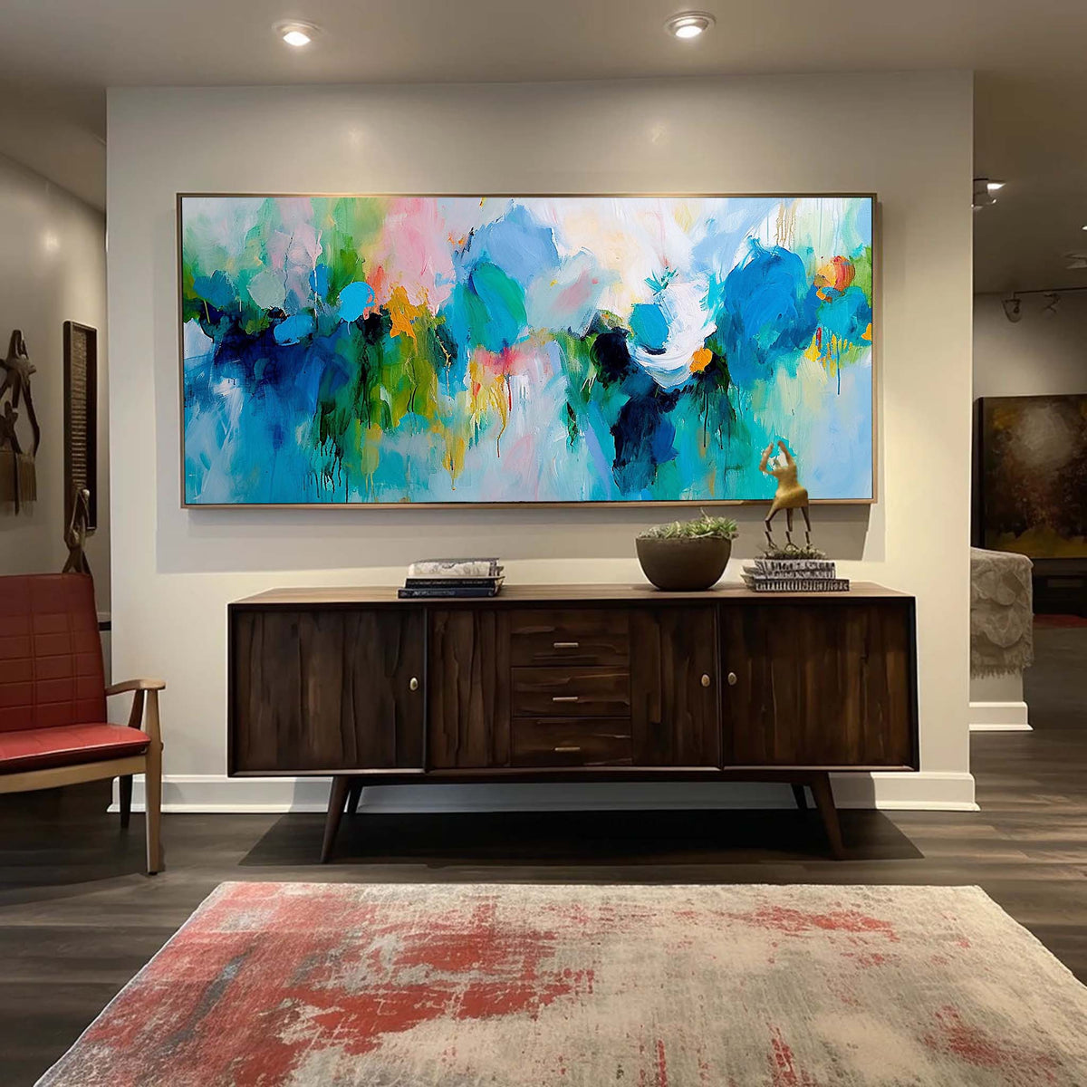 Vibrant Floral Painting Teal & Blue Modern Wall Art