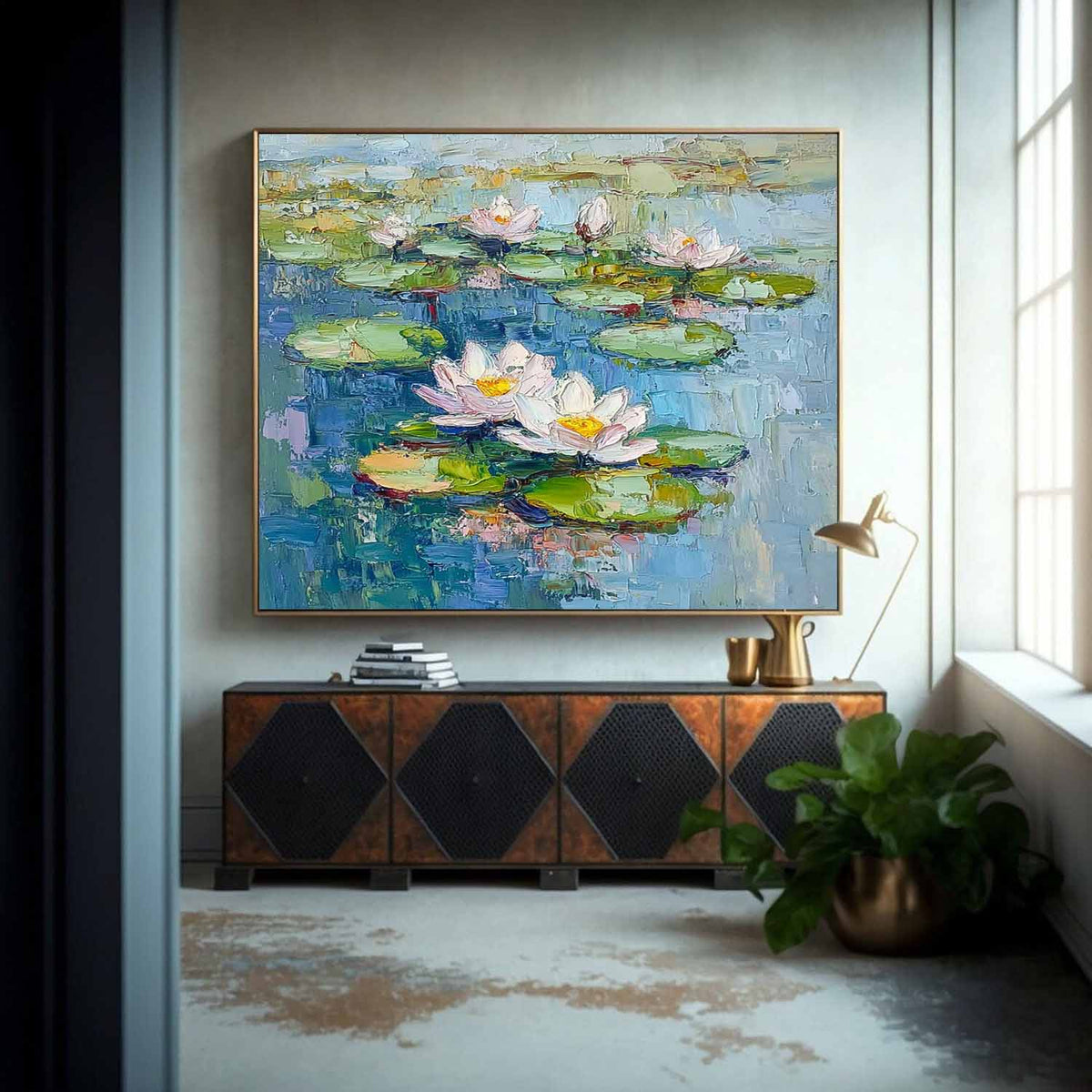 Impasto Water Lily Painting Serene Blue & Green