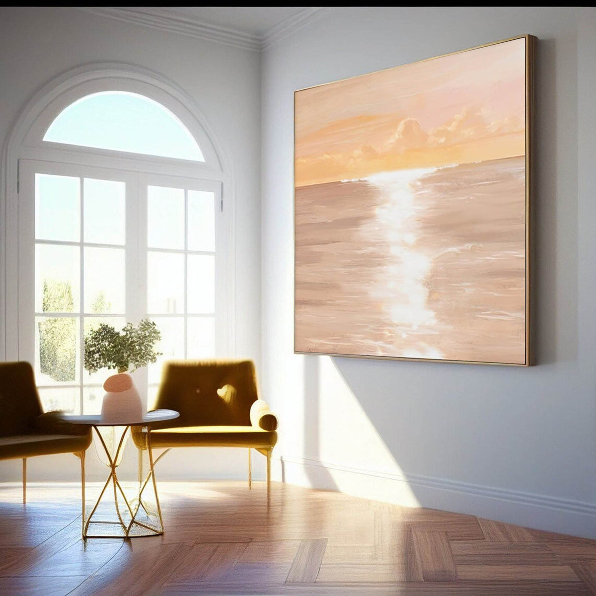 Serene Coastal Sunset Oil Painting Soft Peach