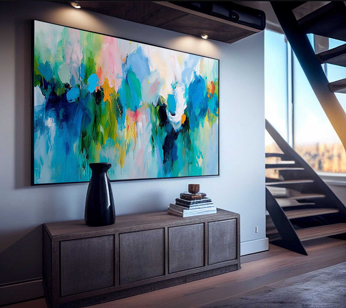 Vibrant Floral Painting Teal & Blue Modern Wall Art
