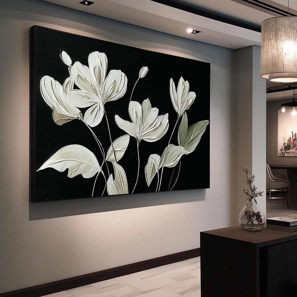 Contrast Floral Impasto Oil Painting White On Black