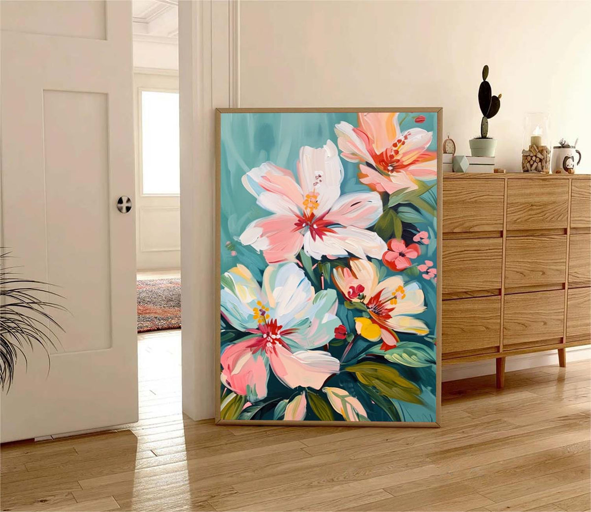 Pastel Floral Bouquet Oil Painting Teal Background