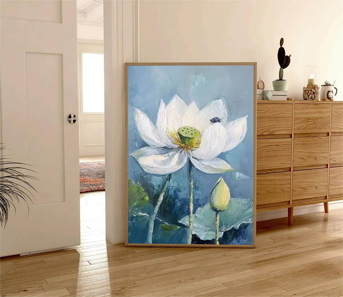 Serene White Lotus Oil Painting With Bee Accent