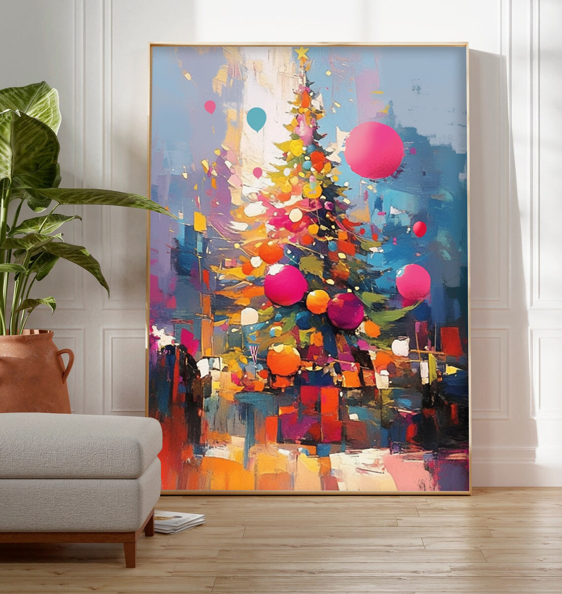 Colorful Christmas Tree Painting Festive Wall Art