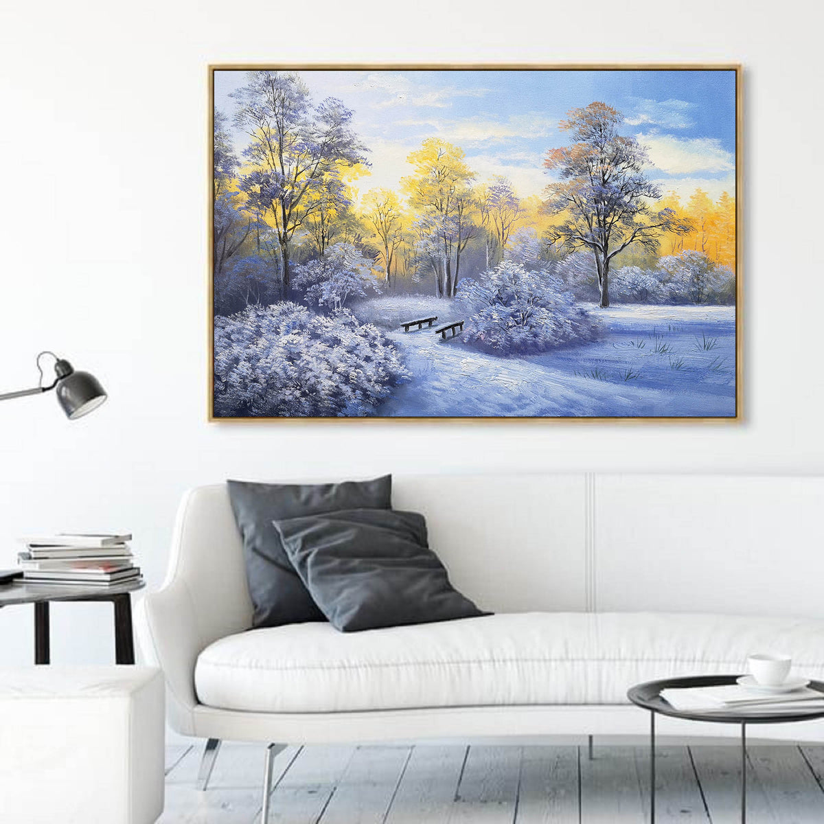 Sunlit Snowy Woodland Scene Vibrant Warm‑Cool Tone Nature Wall Art