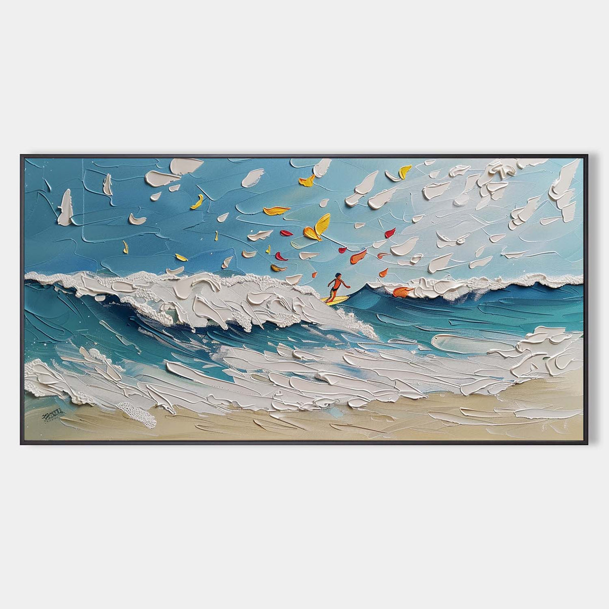 Textured Ocean Wave Surfing Scene Oil Painting