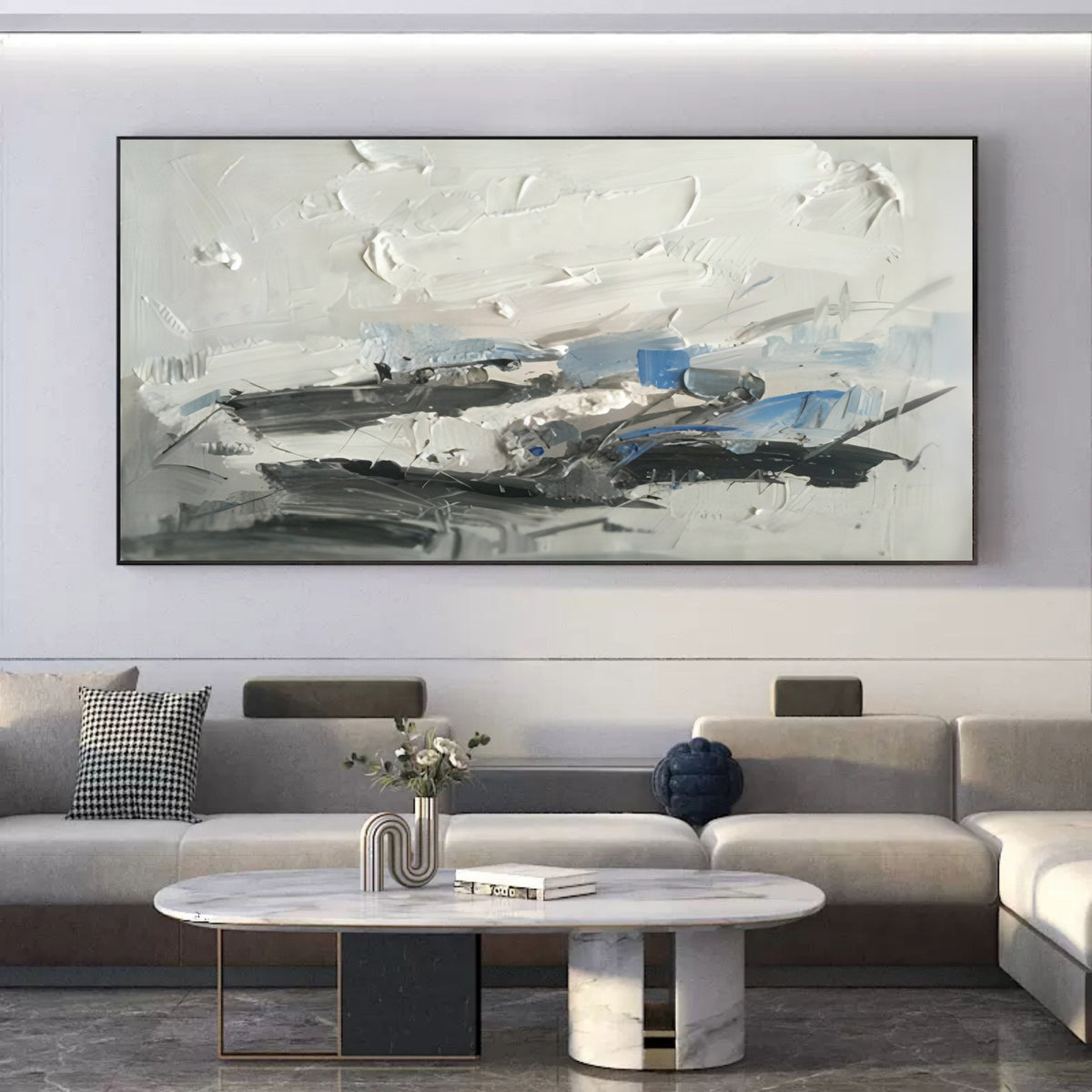 Plaster Art Texture White Blue Gray Impasto Abstract Landscape Painting