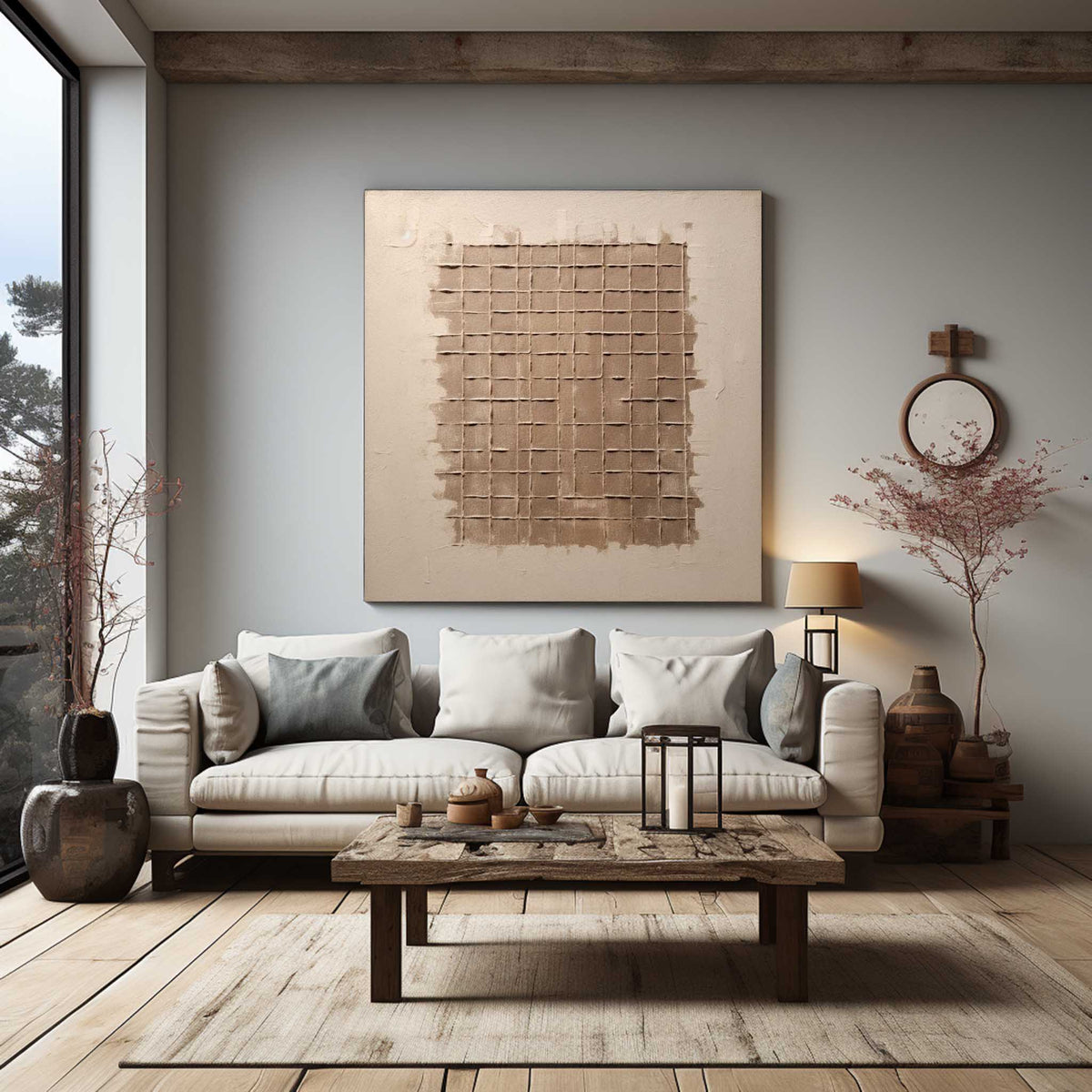 Wabi-Sabi Grid Texture Bas-Relief Painting