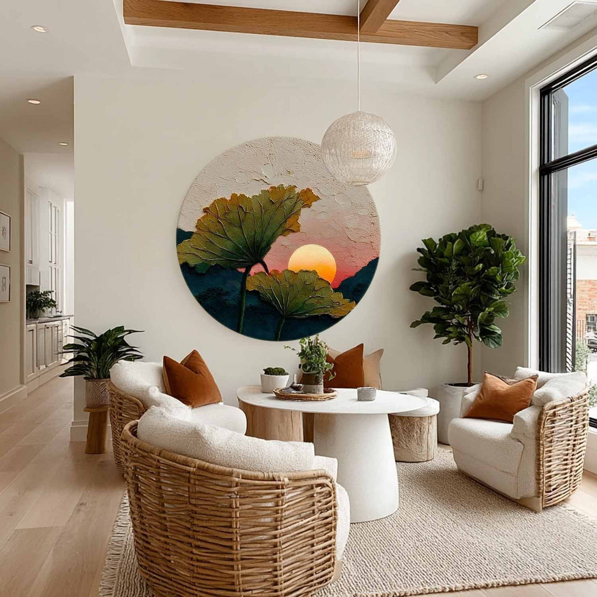 Wall Art Round Lotus Leaves Pink Sunset