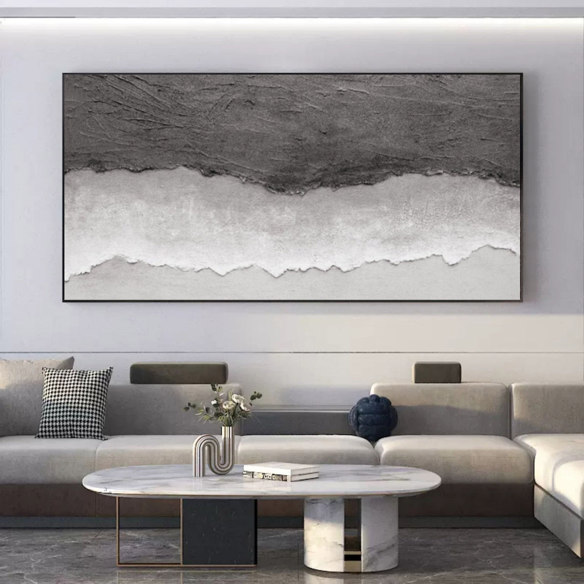 Monochrome Coastal Horizon Bas-Relief Painting