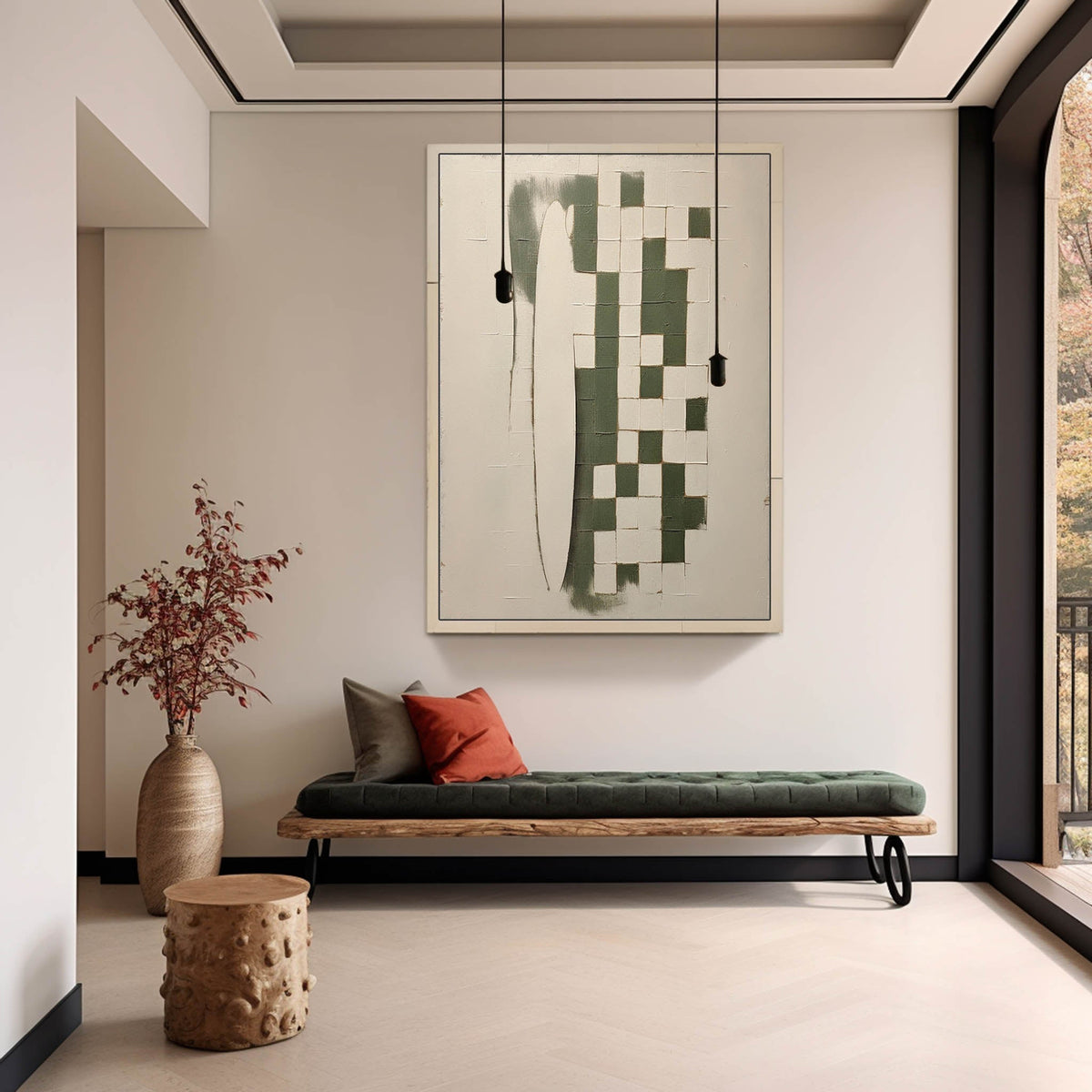 Emerald Green Checkered Abstract Painting