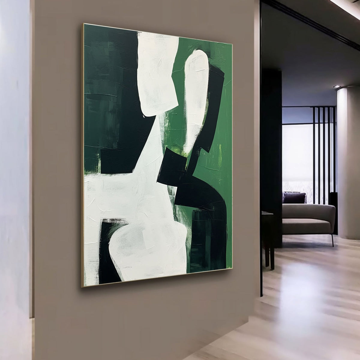 Bold Geometric Oil Painting Textured Dark Green