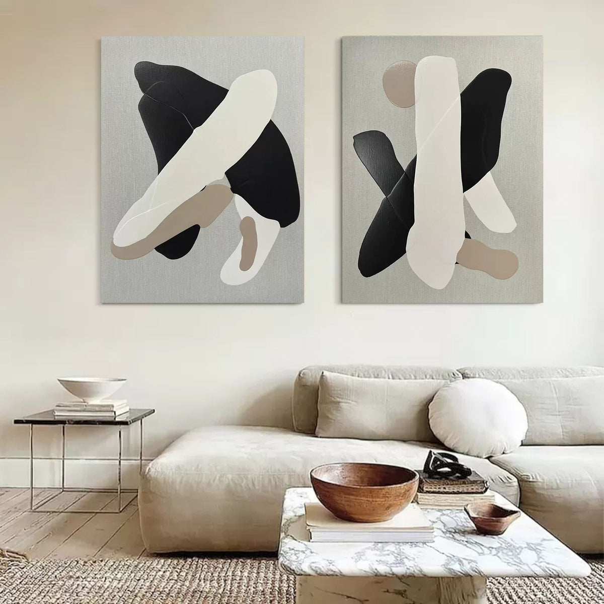 Abstract Neutral Organic Shape Diptych Wall Art