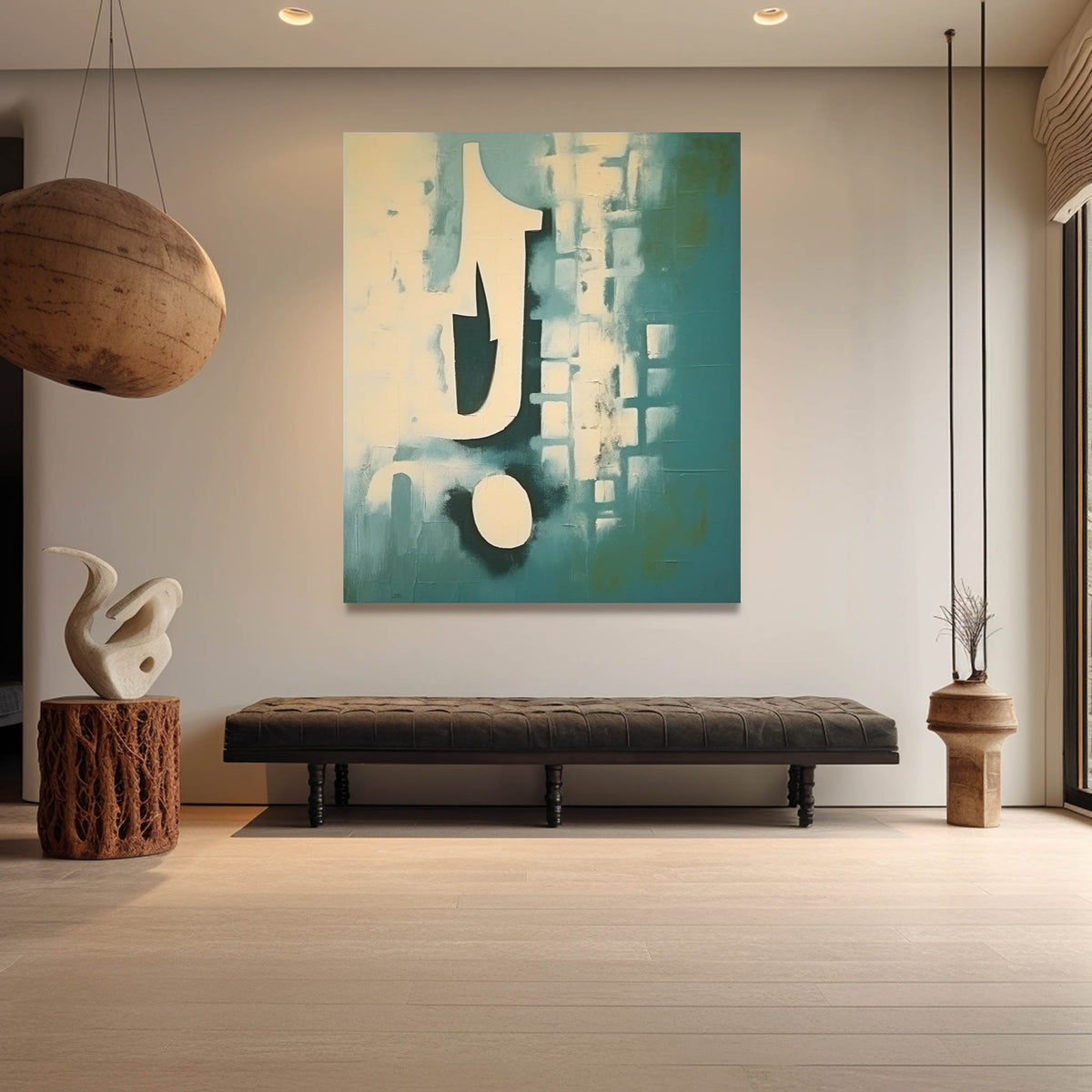 Teal Blue Abstract Geometric Textured Wall Art
