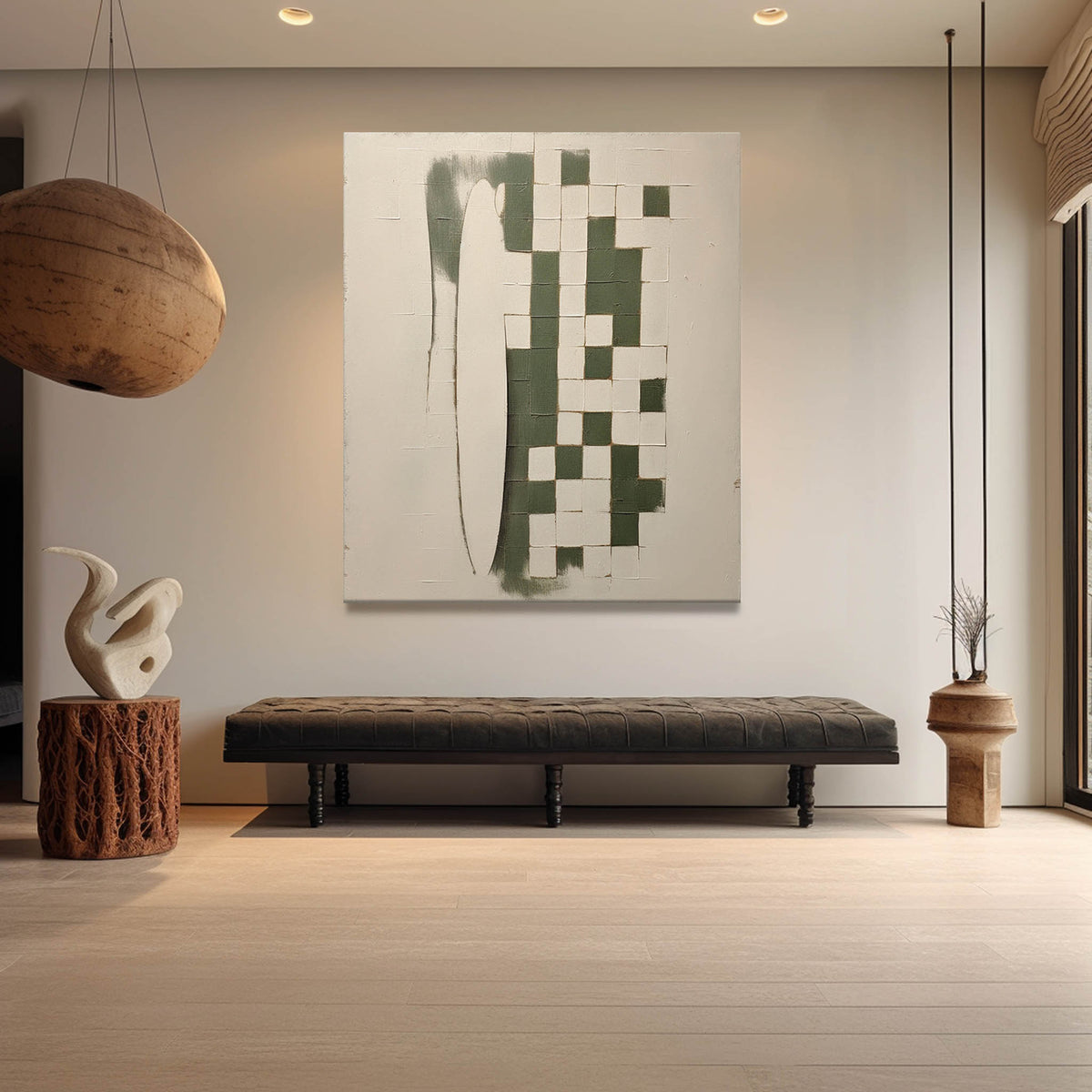 Emerald Green Checkered Abstract Painting