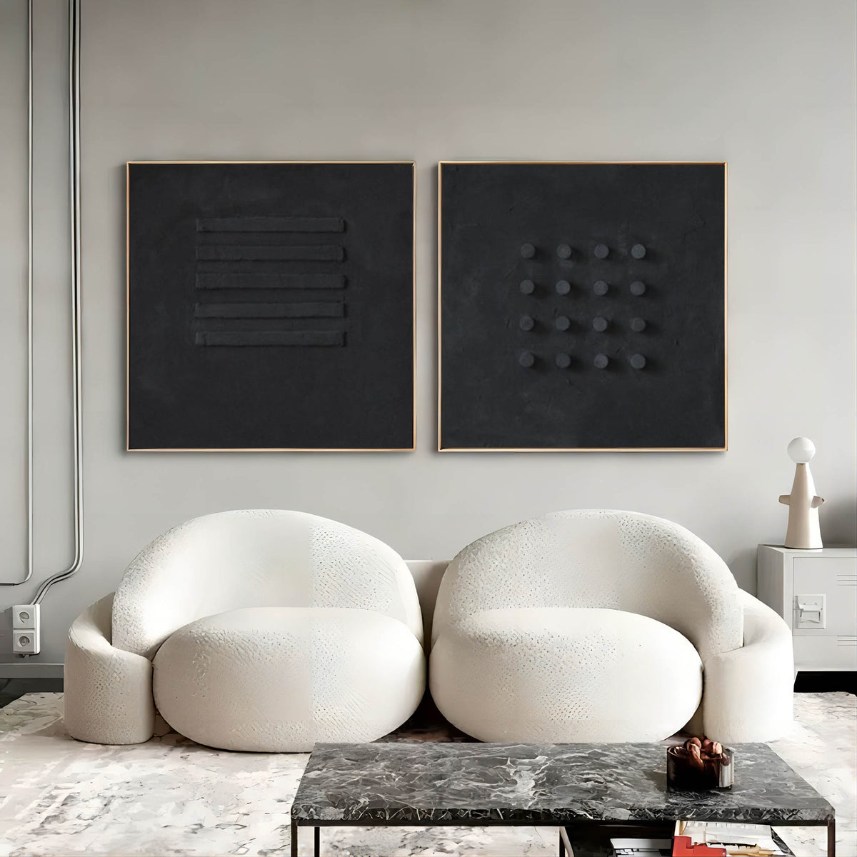 Minimalist Black Bas-Relief Diptych Painting Set Of 2