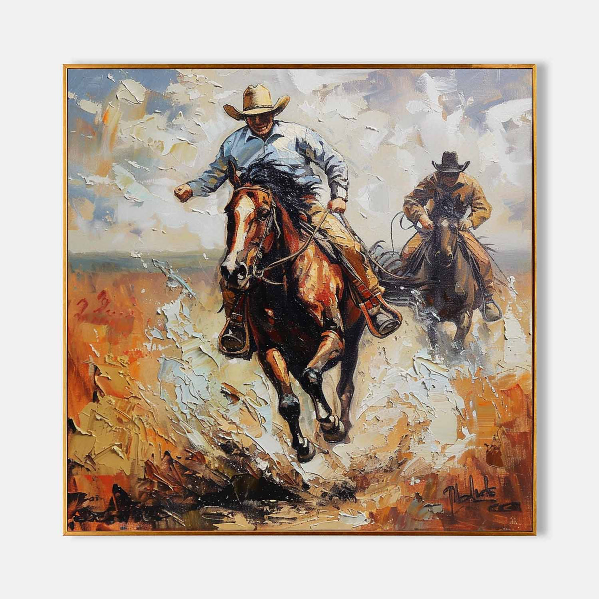 Western Cowboys Riding 3D Impasto Painting