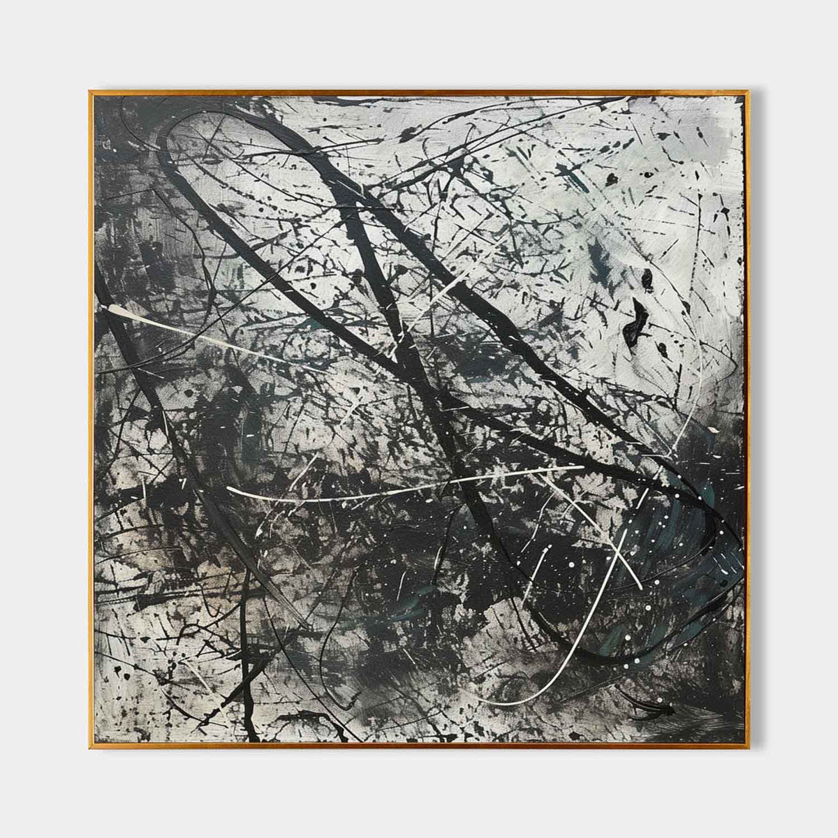 Expressionist Textured Splatter Oil Painting Black White Dynamic