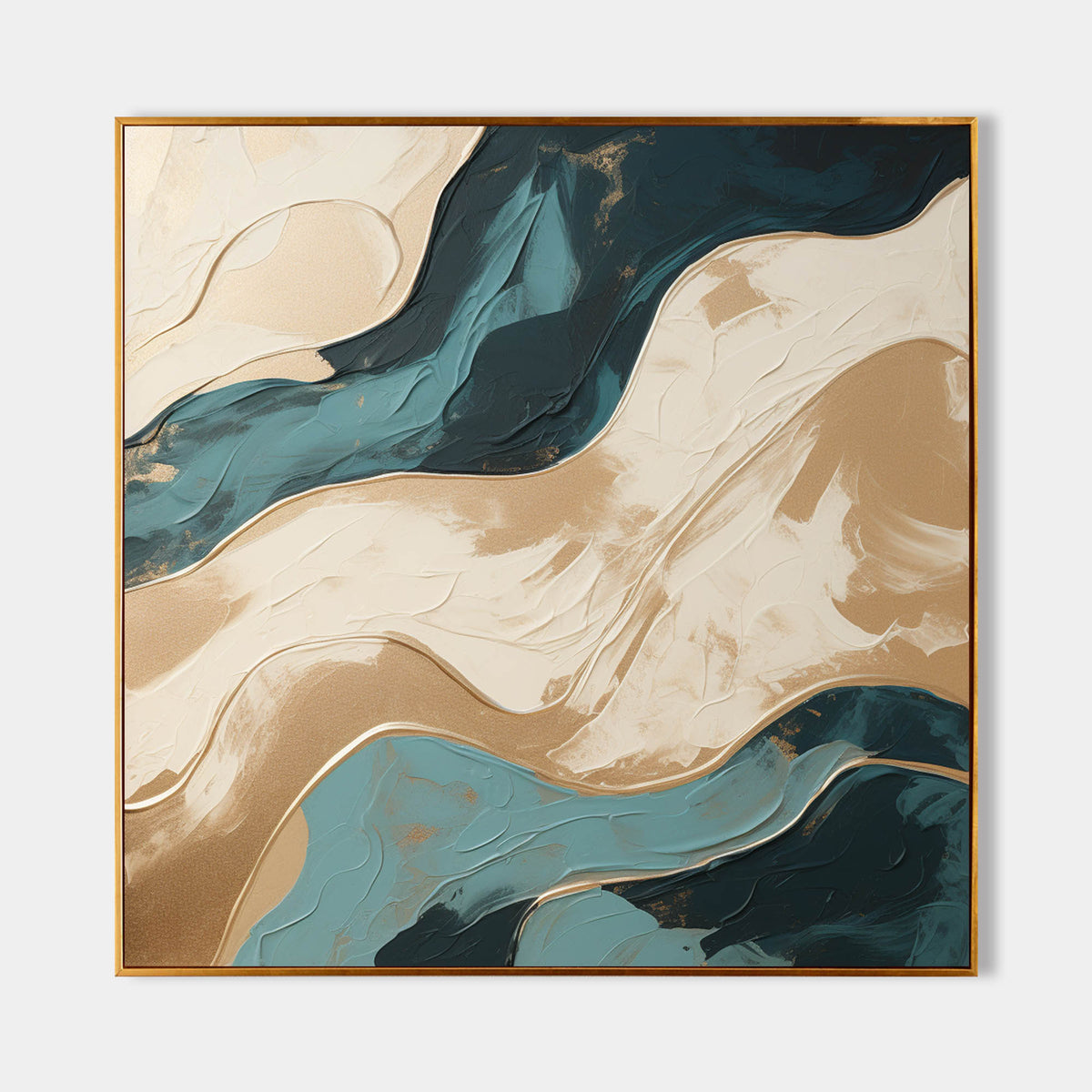 Gold & Teal Wave Impasto Abstract Painting