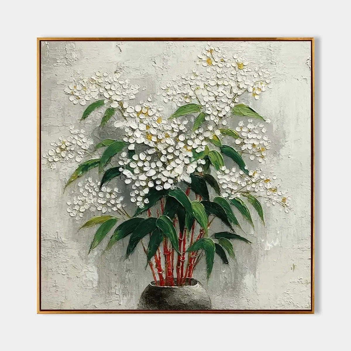 White Blossoms Red Stems Impasto Painting