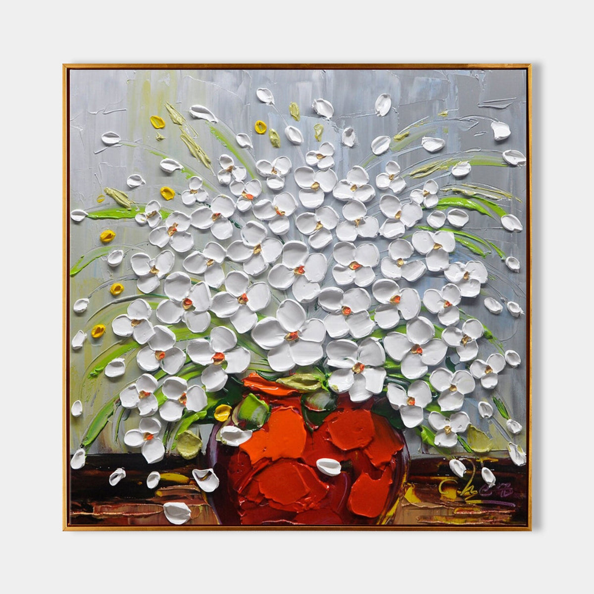 Impasto White Floral Art Oil Painting Red Vase