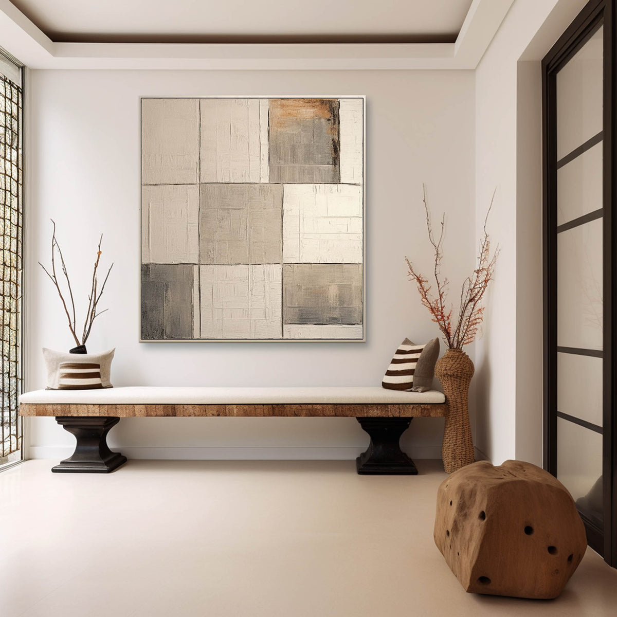 Wabi-Sabi Neutral Toned Textured Grid Block Oil Painting
