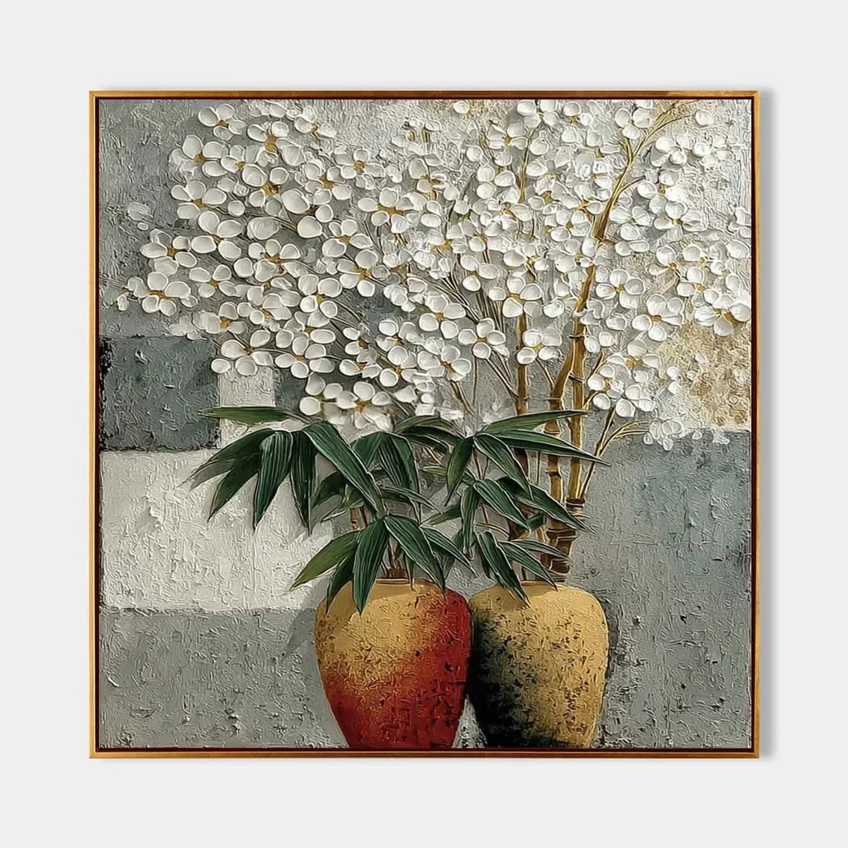 White Blossoms Gold Vases Impasto Painting