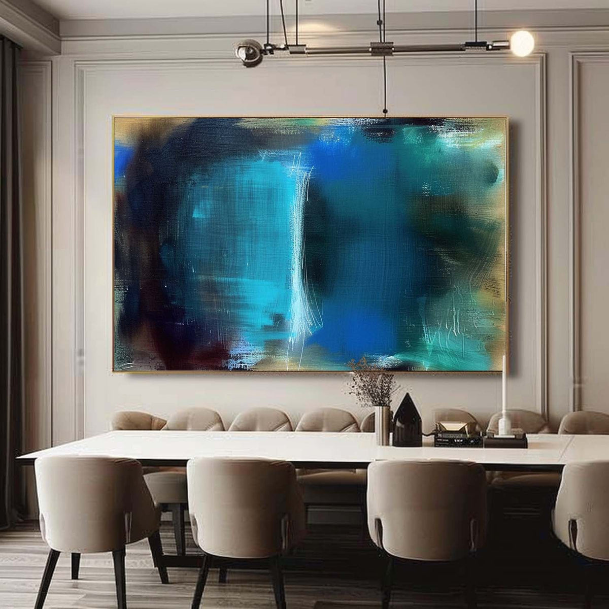 Teal Blue Abstract Oil Painting Textured Strokes