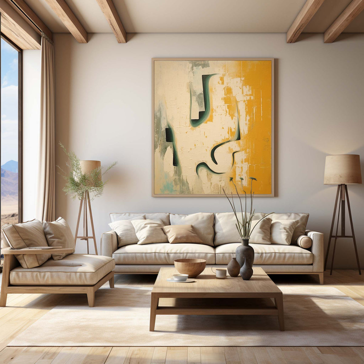Mustard Yellow & Teal Abstract Oil Painting