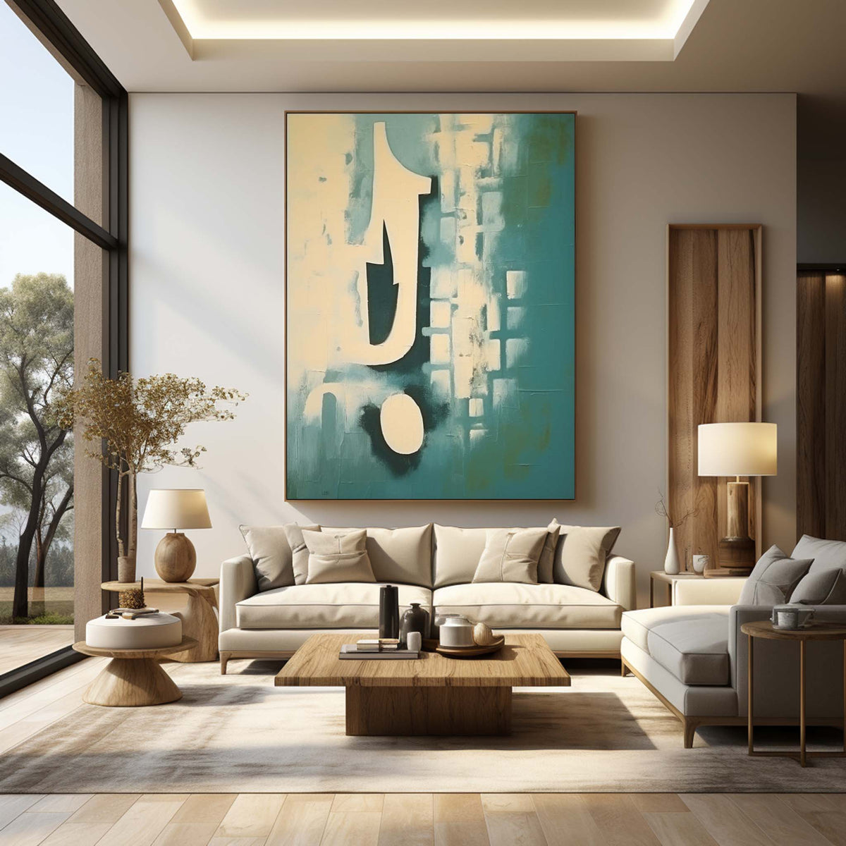 Teal Blue Abstract Geometric Textured Wall Art
