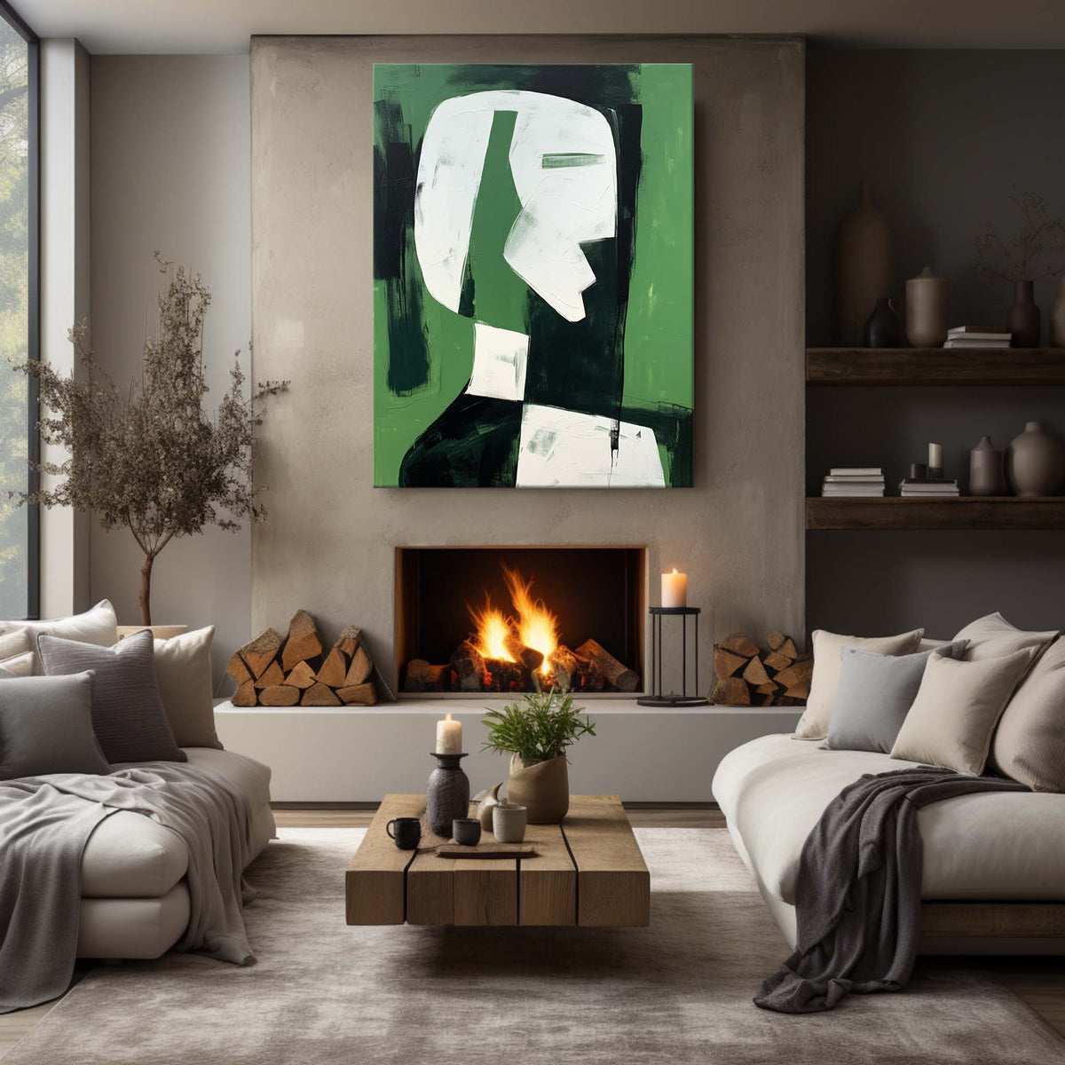 Wall Art Vertical Abstract Cubist Profile Green
