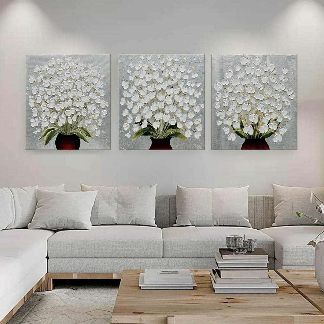 White Floral Triptych 3D Impasto Painting Set Of 3 - Neutralighting