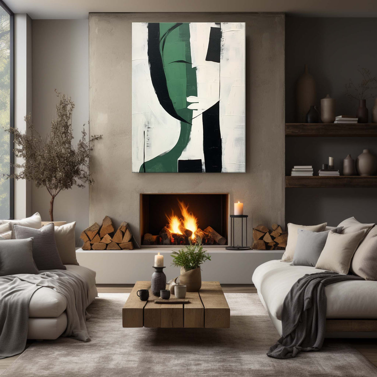 Modern Abstract Female Portrait Painting Green Black