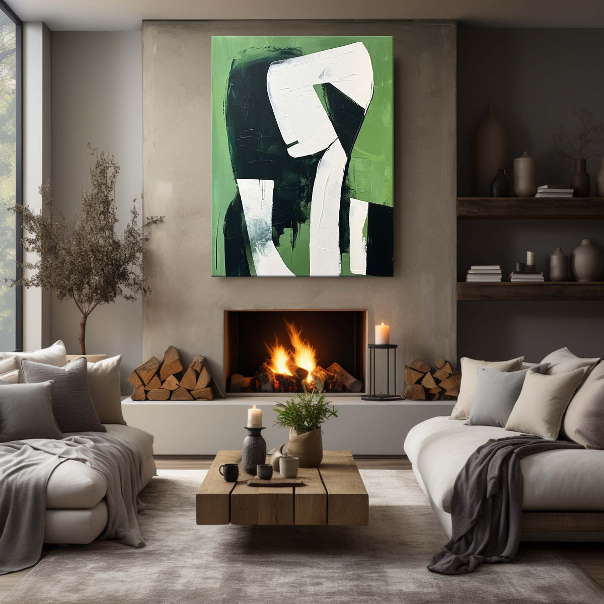 Dark Green Black White Abstract Figure Wall Art