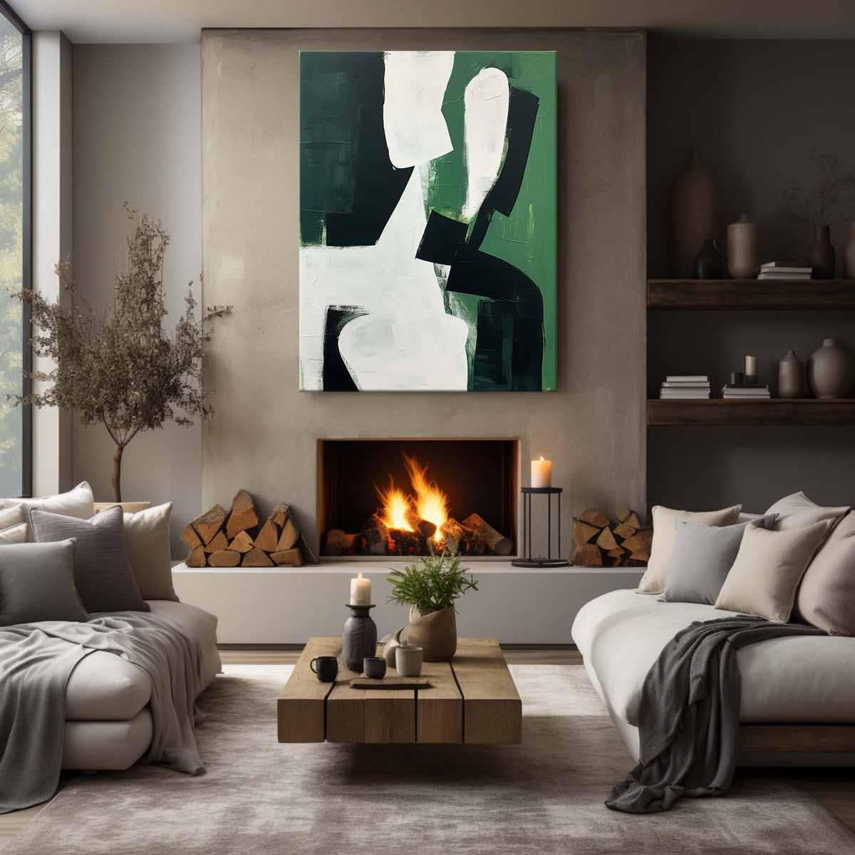 Bold Geometric Oil Painting Textured Dark Green