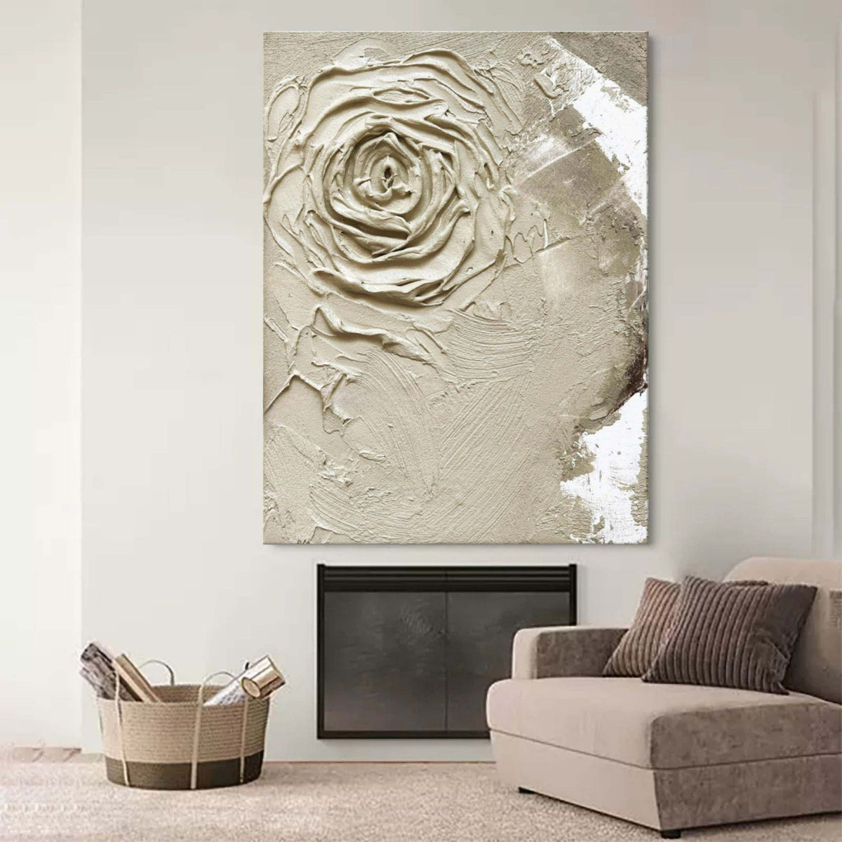 Wabi-Sabi 3D Textured Neutral Tone Rose Oil Painting