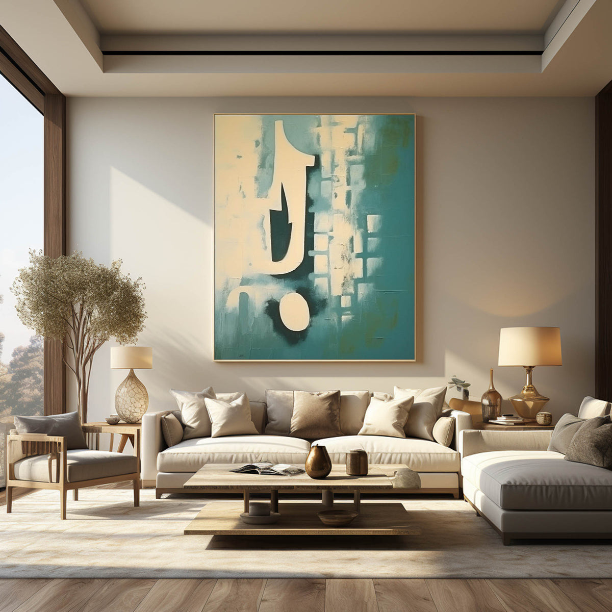Teal Blue Abstract Geometric Textured Wall Art