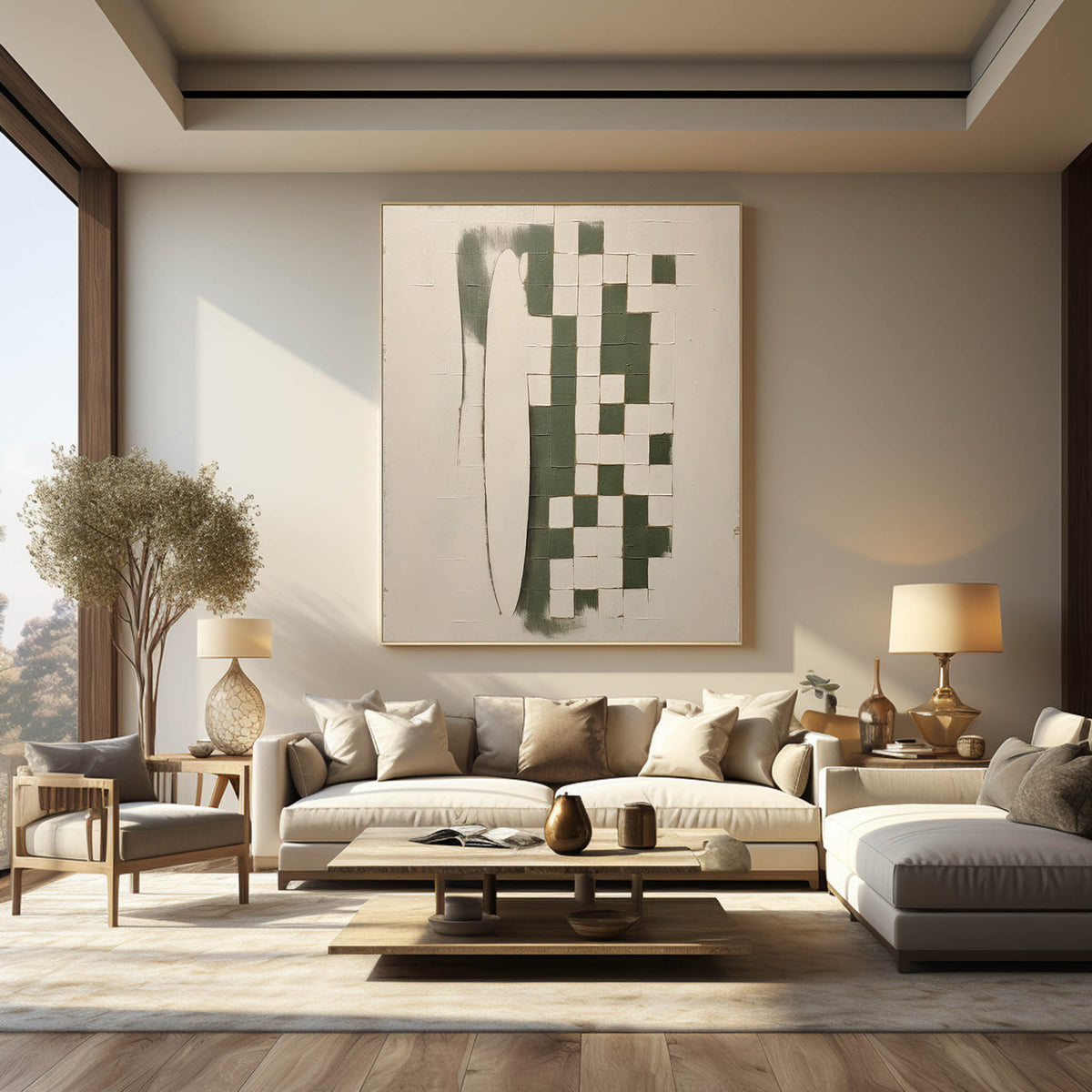 Emerald Green Checkered Abstract Painting